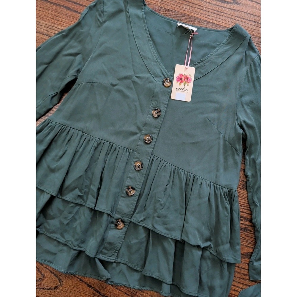 NWT Entro Button Front Ruffled Tiered Olive Green L/S Top Boho Peasant Sz S